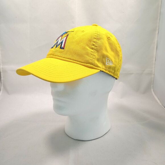 New Era Marlins Hat Cap Strap Back Yellow Womens Baseball Cap 6 Panel - Picture 1 of 5